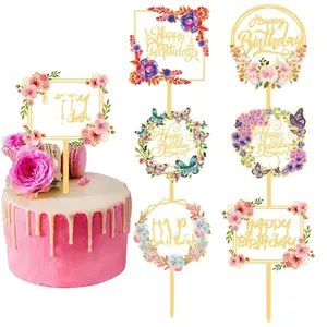 2024 NEW Cross-border Flower Acrylic Cake Topper Factory Wholesale Wedding Party Happy Cake Decoration