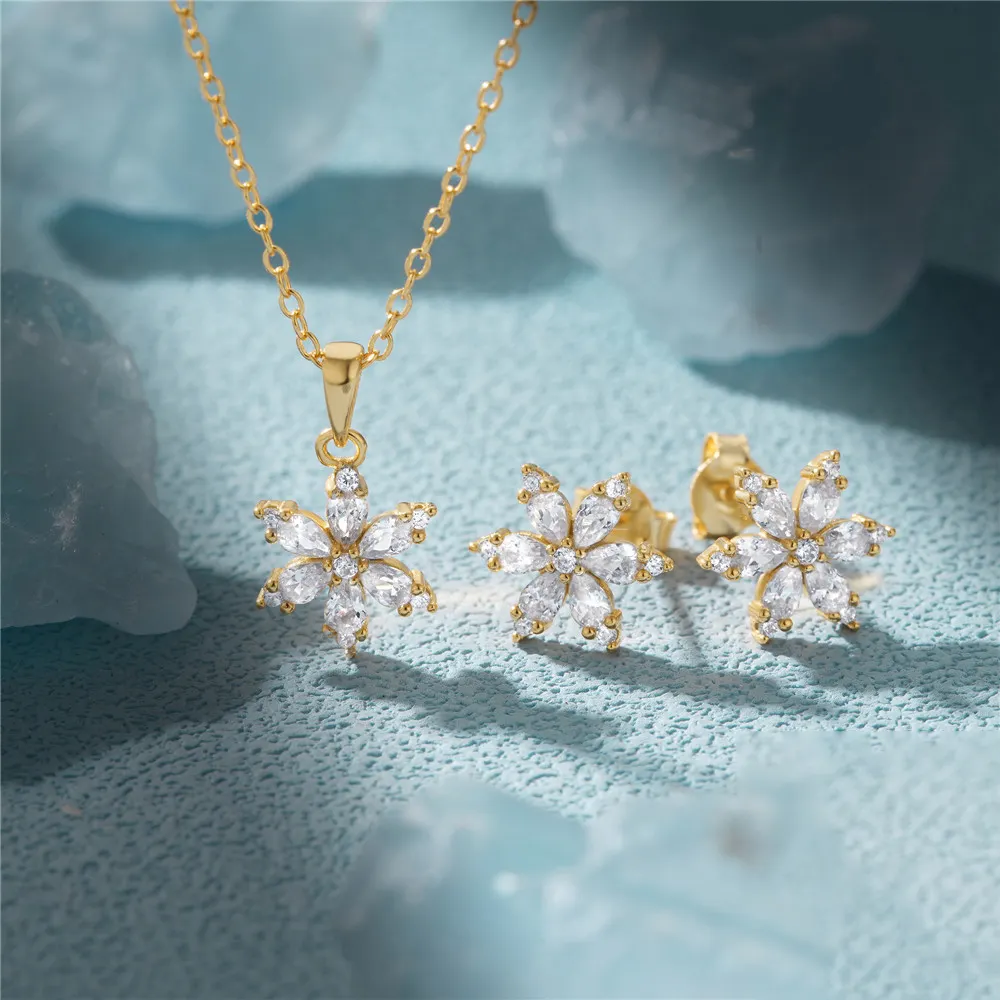 Custom Fashion Woman Wedding Bridal Zircon 18k Gold Plated Earrings Necklace Crystal flower Silver Jewellery Set