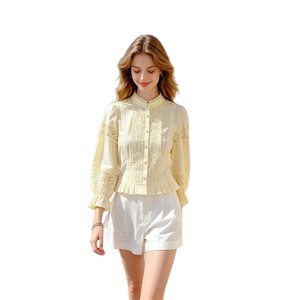 Blusa Vintage Francesa Blanca para Mujer, con Cuello Alto, Bordado de Encaje, Volantes, Cintura Ajustada, Poliéster, ODM - Product Image 5