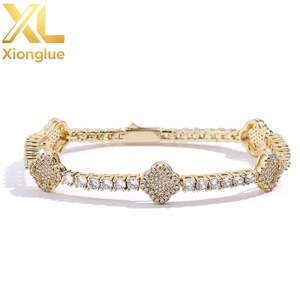 Luxury Paved CZ Zirconia Clover Tennis Bracelet with Claw Setting Plated High Quality Copper for <b>Men</b> and Women - Product Image 2