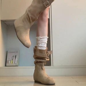 Botines de moda para mujer con diseño exclusivo, estilo holgado y versátil, con efecto fruncido y apilado, punta redonda, tacón invisible que aumenta la altura y estiliza la figura. - Product Image 3