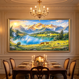 Quadro in Porcellana con Cristalli, Paesaggio Montano Nordico con Alpi, Laghi e Cervi, Decorazione da Parete con Scenografia Naturale - Product Image 6