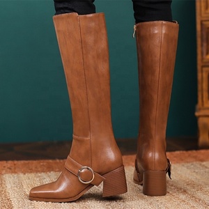 Botas de tacón grueso y punta cuadrada con cremallera hasta la rodilla para mujer, estilo occidental, personalizadas, de otoño/invierno, talla grande 45 - Product Image 3