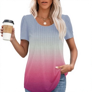 T-shirt à manches bouffantes pour femmes, pull à manches courtes en tricot plissé ombré - Product Image 3