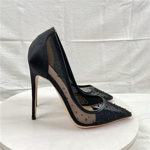 Chaussures de mariée noires à strass 8CM pour femme, escarpins respirants en maille à bout pointu, nouveaux talons aiguilles fins 2024 - Product Image 5