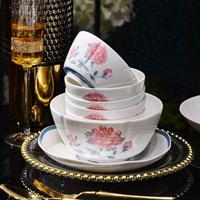Service de table en porcelaine fine à motif floral de pivoine rose avec bord bleu, vaisselle élégante en céramique pour la maison, les dîners et les fêtes, ensemble de 52 pièces