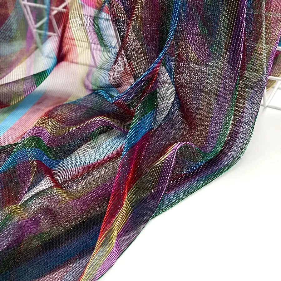 İtalya parlak örme tekstil malzemesi metalik elastik örgü ombre gökkuşağı şerit lureks kumaş