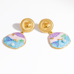 Fashion Drop <b>Earrings</b> Ocean Shell Design Stainless Steel <b>Studs</b> Vacation Style <b>Blue</b> Seashell Jewelry EH11783 - Product Image 5