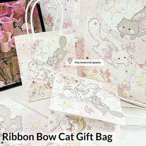 Sac cadeau à main en papier kraft durable de haute qualité avec nœud en ruban, motif chat mignon de dessin animé, pour l'anniversaire d'un meilleur ami - Product Image 2