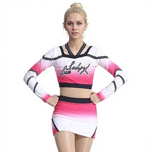 LadyX Cheerleading Uniform Set Pink <b>White</b> Gradient <b>Long</b> <b>Sleeve</b> <b>Crop</b> <b>Top</b> Skirt Adult Women's Dance Team Kit Custom Rhinestone - Product Image 1