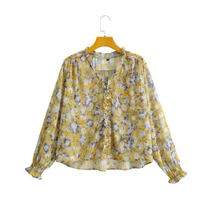 Ruffled v neck long sleeve yellow color floral print women long sleeve casual blouse