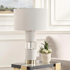 Linen & Crystal Column Modern Table Lamp with Gold Accents | Contemporary Luxury Lighting for Hotel Living Room & Office - Product Image 1