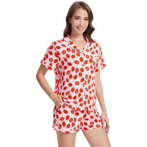Conjunto de Pijama para Mujer, Manga Corta, con Botones, Estampado de Fresas, Tela Suave, Ropa de Dormir Informal para Chicas Jóvenes - Product Image 1