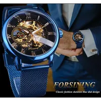 Forsining Royal Retro Design Blau Stahl Mesh Band Goldenes Uhrwerk Männer Mechanische männliche Armbanduhren Top Marke Luxus