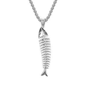 Collier unisexe avec pendentif en forme d'arête de poisson, en acier inoxydable, design squelette, pour hommes et femmes - Product Image 1