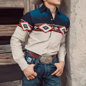 Camisa de cuello alto de manga larga Retro informal para hombre de diseño camisa de estilo vaquero occidental personalizada con estampado personalizado
