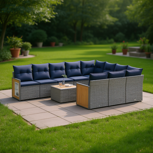 Conjunto de Sofás de Jardín de Poliratán Gris con Cojines, Más de 10 Plazas, Muebles de Exterior de Diseño Contemporáneo con Paneles de Madera de Teca - Product Image 2