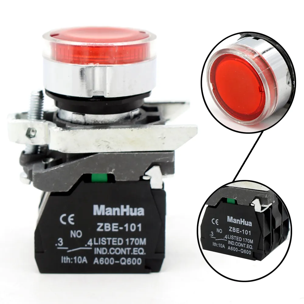 ManHua XB4-BW33M5 & XB4-BW34M5メタルラウンドプッシュボタンスイッチ、LED赤緑ランプ付き