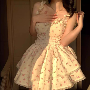 French Style White Floral Print Sundress For Women Sweetheart Neck <b>Elastic</b> Waist Princess Tulle <b>Skirt</b> Daily Casual Dress - Product Image 4