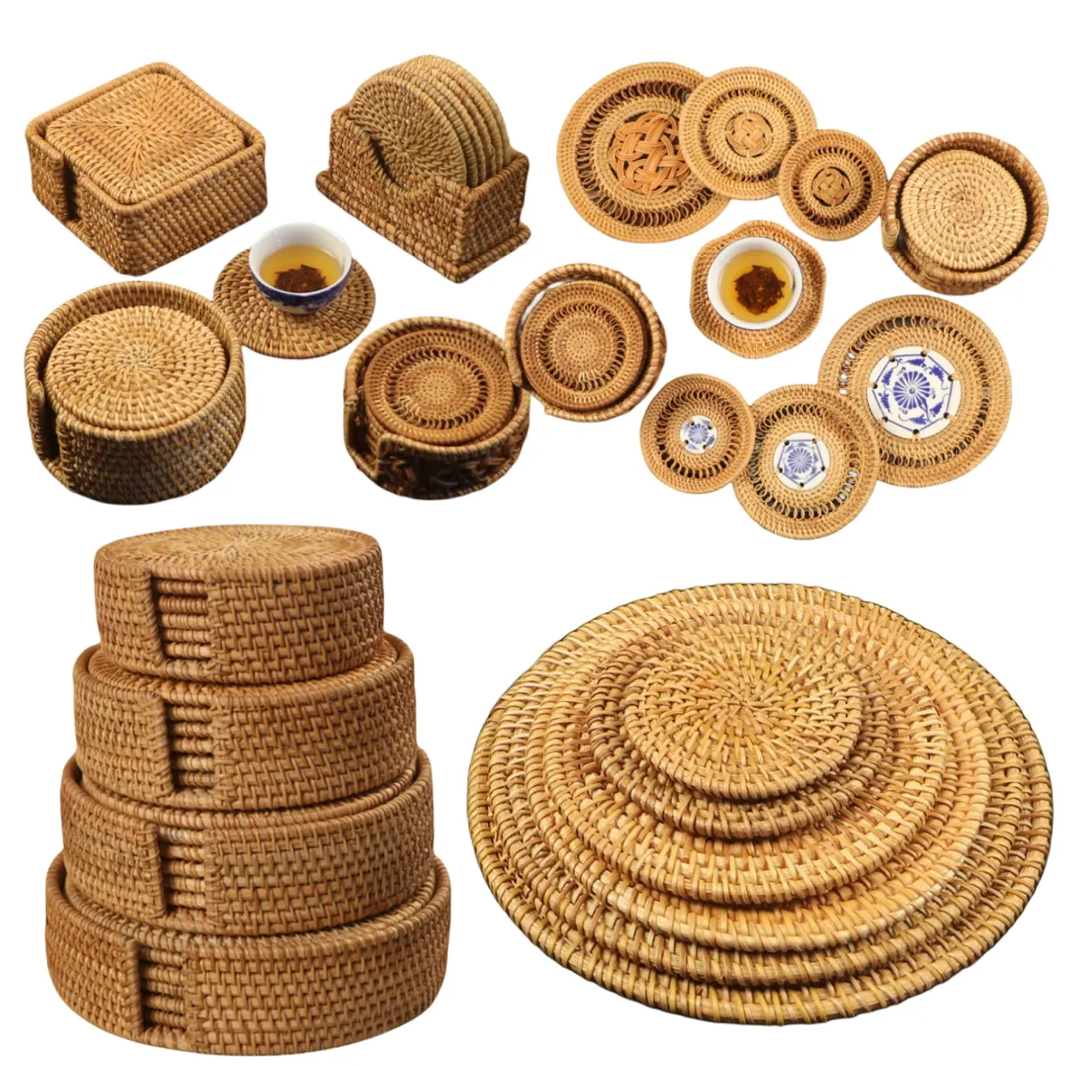 Hot Bulk Packaged Natural round Woven Placemats Handmade Rattan Coaster Set Dining Insulated Drinking Heat Resistant Pad