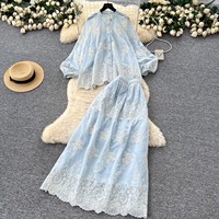Ensemble de vêtements de dame de Style français élégant robe d'automne ample manches lanterne brodées taille haute ensembles de vêtements pour femmes