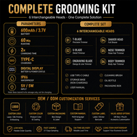 Kit de toilettage pour homme MRY 6 en 1, tondeuse à barbe, tondeuse à cheveux, rasoir à grille, tondeuse à poils de nez, tondeuse corporelle, rechargeable par type C, IPX6
