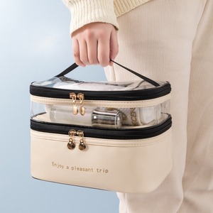 Double Layer Cosmetic Bag Solid Color Pu Transparent Toiletry Bag Large Capacity Waterproof Travel <b>Makeup</b> Storage <b>Case</b> - Product Image 2