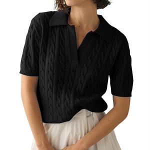 2025, prendas de <span class=keywords><strong>punto</strong></span> de manga corta de estilo coreano informal para mujeres <span class=keywords><strong>americanas</strong></span> europeas, tejido de Cable de Color puro para Polo para otoño con parte delantera L - Product Image 3