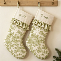 Chaussette de Noël personnalisée en toile verte à imprimé toile de Jouy avec volant, pour décoration de Noël à suspendre, cadeau de Noël, vente en gros