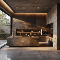 Ensemble de meubles de cuisine modulaires en pierre noire moderne avec îlot cascade, design sans poignées, éclairage LED chaud, prêt pour la salle à manger, garantie 5 ans