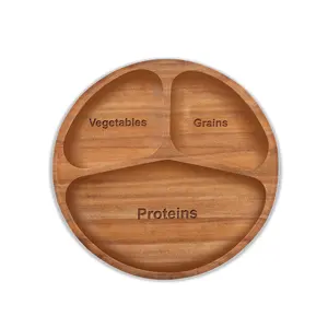 Rustic 3 section portion control plate handmade wooden round brown food plates dinner