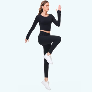 Kemeja Yoga lengan panjang elastis untuk wanita, kemeja nilon spandeks tahan bakteri tembus udara dengan desain leher rendah dan lubang jempol untuk wanita - Product Image 2