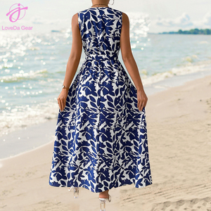 Loveda Wholesale 2025 Summer Women Beach <strong>Wear</strong> Polyester <strong>Blue</strong> Flower Printed V-neck Tie Maxi Dress - Product Image 5