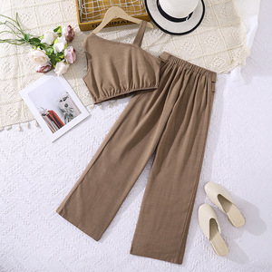 Ensemble pour <span class=keywords><strong>fille</strong></span> de 8 à <span class=keywords><strong>12</strong></span> <span class=keywords><strong>ans</strong></span>, été, nouveau style décontracté uni, débardeur à une épaule, <span class=keywords><strong>pantalon</strong></span> <span class=keywords><strong>large</strong></span> décontracté - Product Image 2