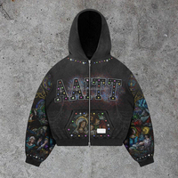 Sudadera con capucha de algodón personalizada con cremallera, estilo boxy, desgastada, de peso pesado, con diamantes de imitación, para hombre, fabricante