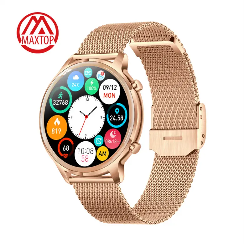 Maxtop Luxury Fashion Women Round Stainless Steel Band Smartwatch Android Bt Calling Smartwatch Touch Sport Fitness Smart Watch