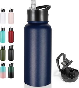 Bouteille d'eau isotherme en acier inoxydable à double paroi avec paille, personnalisable avec logo, vente en gros - Product Image 1