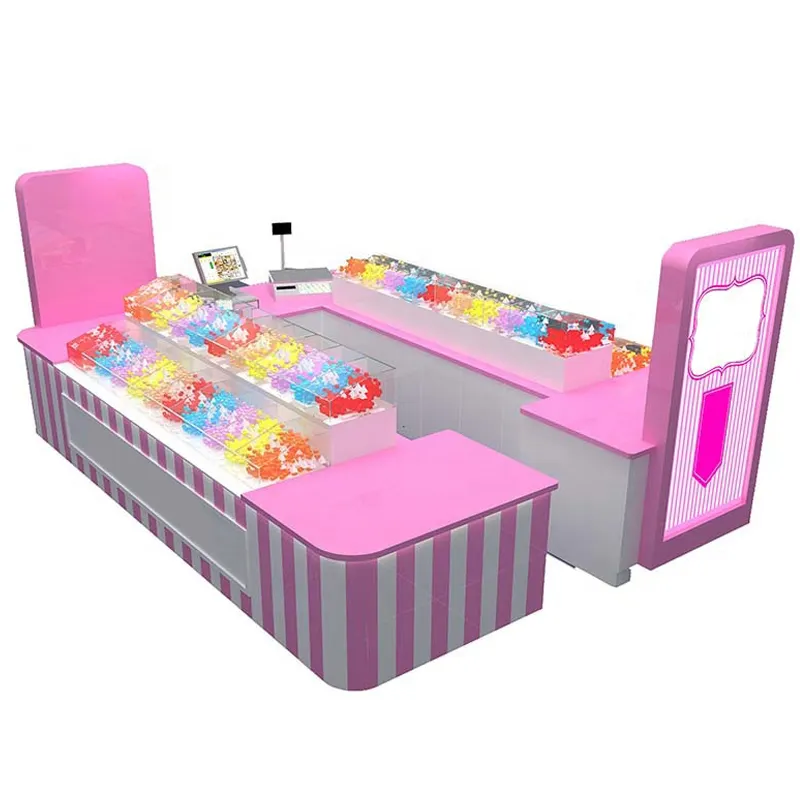Quiosco de dulces personalizado con estante de exhibición, quiosco de decoración utilizado en la exhibición de aperitivos de centro comercial