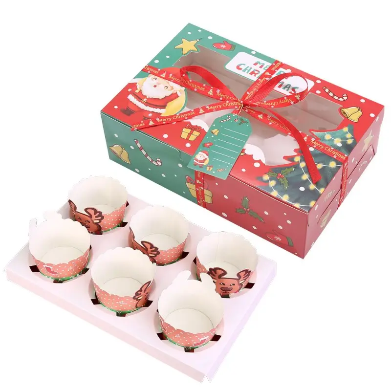 क्रिसमस शैली कार्टून रचनात्मक पाक पेस्ट्री पैकेजिंग कागज बॉक्स के लिए कप केक बॉक्स और मफिन कप 4-6-12 टुकड़ा खिड़की के साथ
