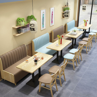 Ensemble table et chaises en bois XZY, banquette en cuir bleu clair, mobilier commercial minimaliste pour café et salon de thé
