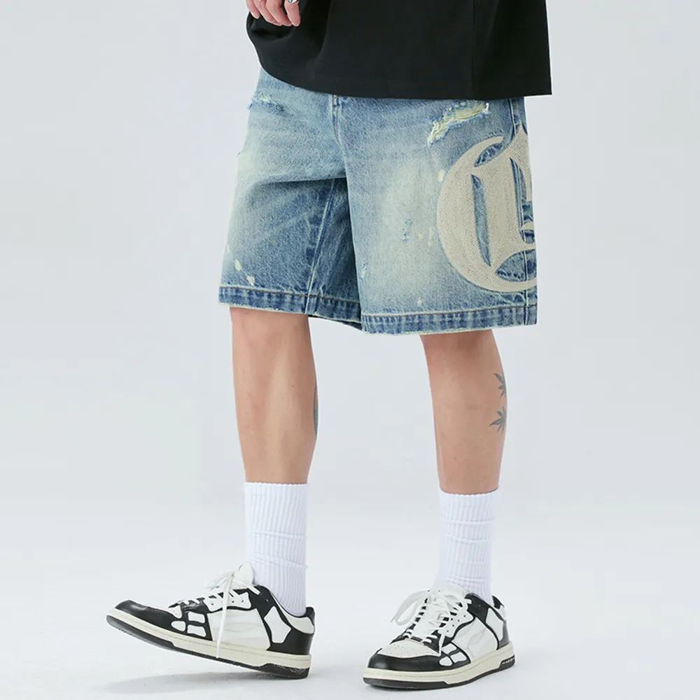 Hochwertige billige Großhandel Shorts hohe Taille Luxus Boxy Tall Big Boys Jeans Shorts Snack Schwere flache Stickerei Shorts