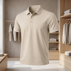 Polo à manches courtes pour homme, couleur beige, tissu Oxford, style décontracté, coupe classique, col boutonné, bordure blanche - Product Image 3