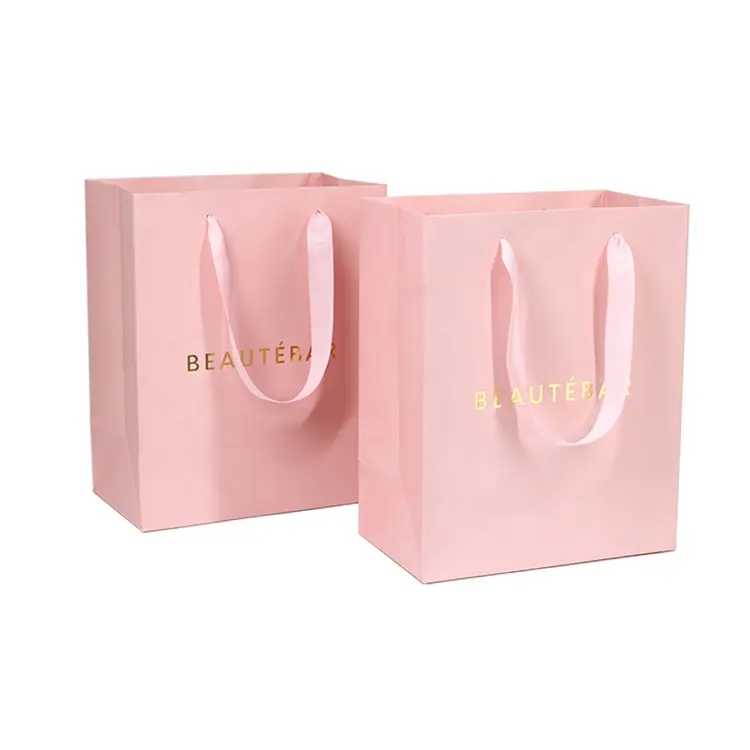 Embalaje de compras de Boutique con asa de cinta de lujo, bolsas de regalo de papel europeo impresas personalizadas con logotipo