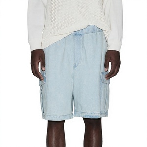 <b>mens</b> light wash denim cargo shorts elastic waist bleached blue streetwear style utility side flap pockets comfortable casual - Product Image 1