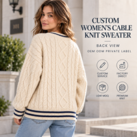 Pull personnalisé pour femme à col rond en tricot torsadé à manches longues avec bordure contrastée et logo imprimé en relief pour l'automne et l'hiver