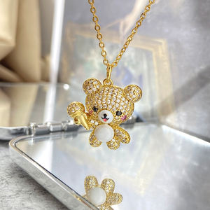 Bijoux en argent sterling 925 pour filles vermeil plaqué or 18 carats émail porte-bonheur ours mignon chantant avec microphone colliers pendentifs fins - Product Image 3