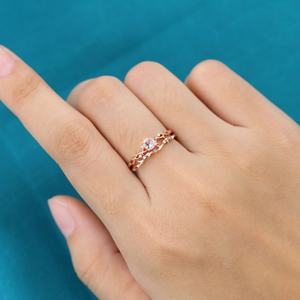 Anillo de Compromiso de Morganita con Corte Redondo, Juego de 2 Piezas, Estilo Vintage Único, Anillo de Compromiso de Oro Rosa con Diseño de Rama, Gran Venta - Product Image 3