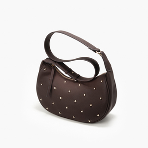 Bolso de Hombro Estilo Hobo Marrón con Tachuelas, Bolso Tipo Satchel de Media Luna con Cierre, para Uso Diario, Viajes y Compras - Product Image 5
