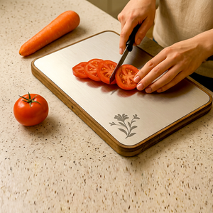 Planche à découper en acier inoxydable double usage STEEL OAK CHOPPING avec cadre en bois, 250 x 350 mm, pour légumes, fruits, pâte - Product Image 1