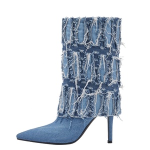 Denim Fold Over Stiletto Women High Thin Heels Booties Big Size 46 Short Ankle <b>Boots</b> Fancy Overlay Retro Shoes - Product Image 4